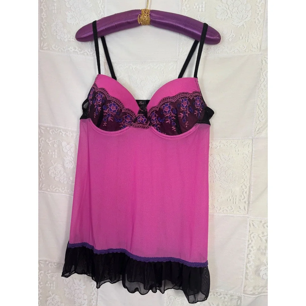 Y2K Pink+Black+Purple‎ Floral Embroidered Coquette Sheer Mesh Chemise Size XL